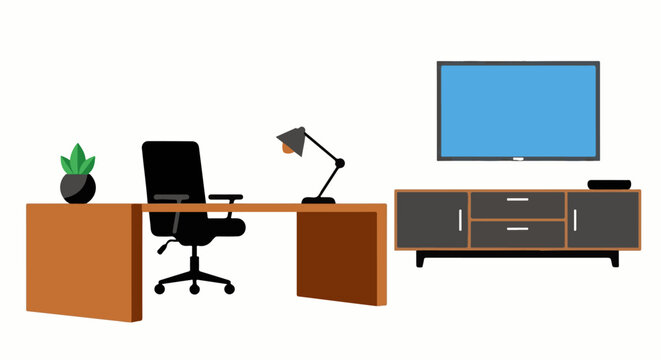 Flat illustration of a desk, chair, plant, lamp, and TV stand