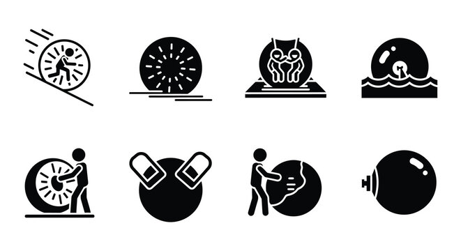 Zorb ball icons set people inside transparent sphere black silhouette