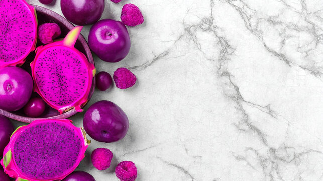 Purple dragon fruit and plums arranged on a white marble surface with whole food