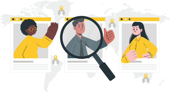 Human resources manager searching for perfect candidate from global talent pool using magnifying glass.