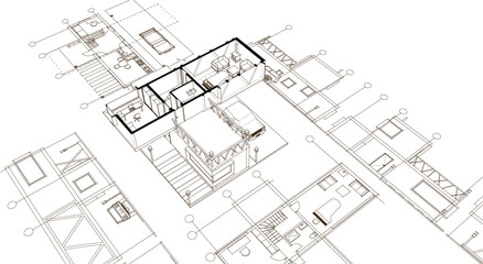 Fototapeta premium house plan sketch 3d illustration