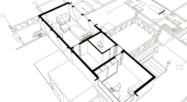  house plan sketch 3d illustration