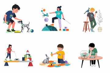 Fototapeta premium Set of flat vector illustrations showing children interacting with various futuristic robot pets including a dog, cat, bird, rabbit, spider, and fish.