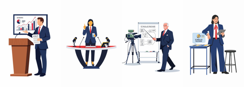 Set of vector illustrations depicting government officials and business professionals presenting economic data, financial reports, and stimulus package plans in various settings.