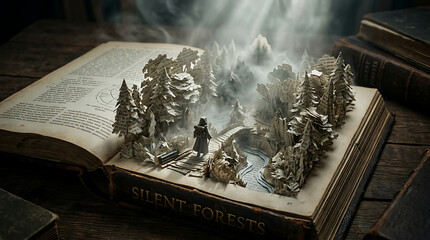 Naklejka premium An open antique book featuring a captivating 3D pop-up diorama of a snowy, misty forest with a lone figure walking on a path over a river, titled 'Silent Forests'.