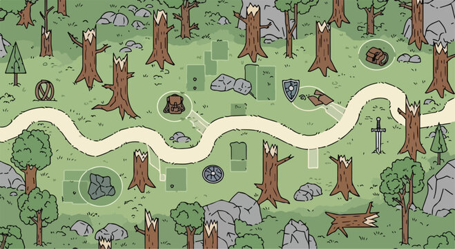 Fantasy RPG game map vector, medieval forest landscape with winding road and loot icons, hand drawn adventure world map with trees and rocks