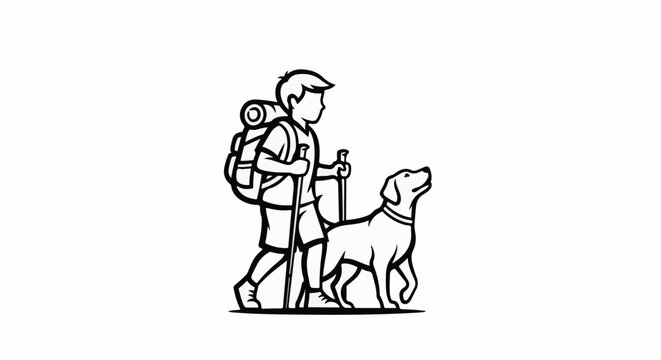 Person with backpack and hiking poles walks with dog