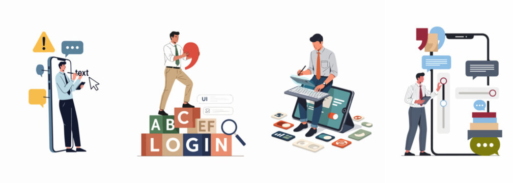 Set of flat illustrations featuring a professional developer interacting with mobile apps, UI design elements, login screens, and digital content creation tools.