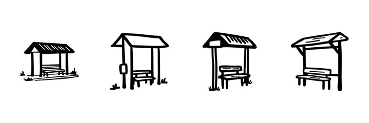 Fototapeta premium Bus Stop Shelters In Hand Drawn Style Set. Public Transportation Waiting Areas, Urban Commuter Convenience Doodle Sketch Collection. Outdoor Seating Structures. Isolated Vector Illustration