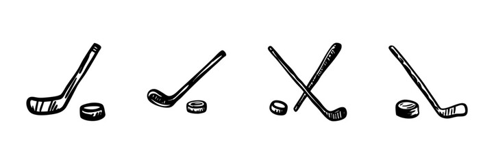 Obraz premium Hockey Sticks And Pucks In Hand Drawn Style Set. Ice Hockey Equipment, Sports Gear, Team Game Doodle Sketch Collection. Athletic Competition Symbols. Isolated Vector Illustration