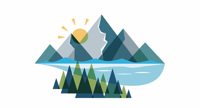 Stylized geometric mountain range reflected in calm water under a bright sun
