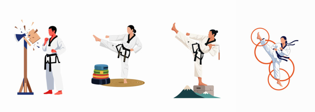 Diverse Martial Arts Illustrations Showcasing Taekwondo Practitioners Performing Kicks, Breaking Boards, and Training with Weapons in a Flat Vector Style