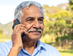 Obraz premium Senior Man With Gray Hair And Mustache Portrait Light Blue Shirt Talking On A Smartphone Outdoors In A Sunny Park Looking Away From The Camera