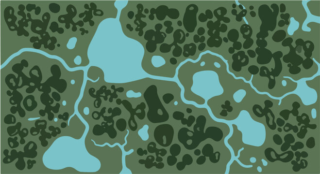 Topographic swamp map vector illustration, aerial view of wetlands and river delta, green forest and blue water landscape background