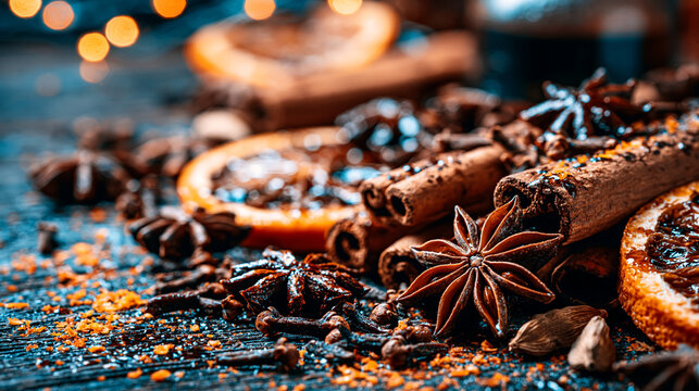 Festive holiday spice mix with cinnamon sticks star anise dried orange slices dried fruit