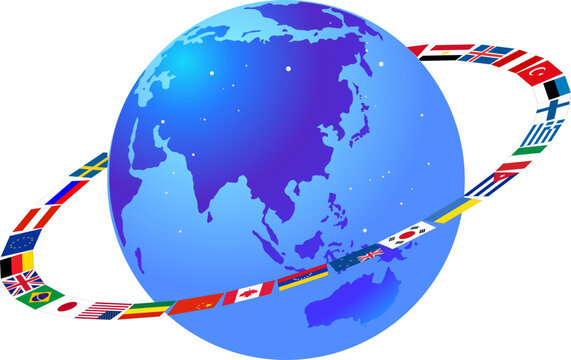 Vector illustration of a ring of world flags circling the globe centered on Asia and Oceania