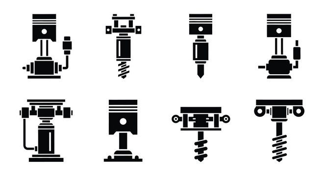 Flat vector icons of various drill bits and engine pistons