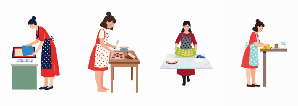 Set of illustrations depicting women in aprons baking cookies, preparing dough, and managing a small home-based bakery business.