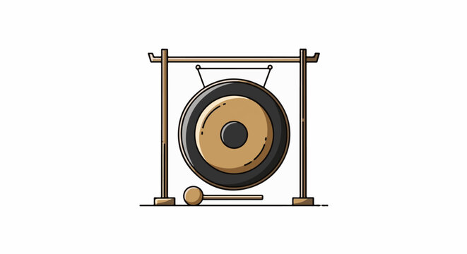 A traditional gong with a mallet rests on a stand, isolated on white
