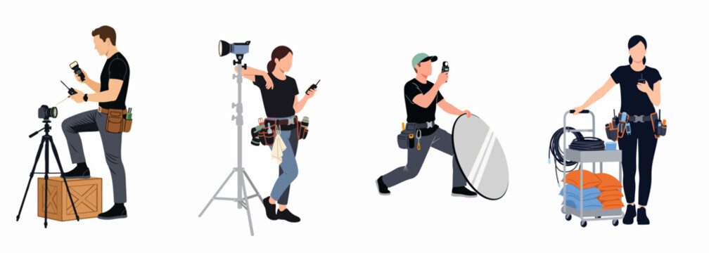 Professional film and photography production crew characters set with equipment including camera, lighting, and gear on a white background.