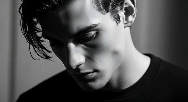 Close up monochrome portrait of a young man with styled hair looking down thoughtfully