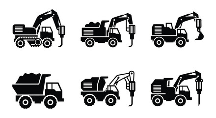 Construction vehicle silhouettes black vector icons on white background © MdNirob