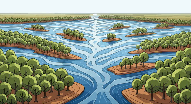 Aerial river delta landscape vector, winding blue water channels with green forest islands, panoramic wetland ecosystem illustration for environmental design