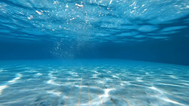 Underwater view of crystal clear blue water in a swimming pool during a sunny summer day at a luxury resort.