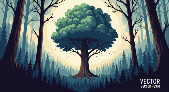 Vintage forest landscape with majestic oak tree, retro woodland scene with sun glow, flat vector illustration of nature and wilderness environment