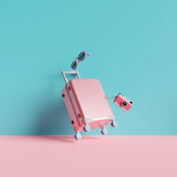Pink Suitcase on pastel blue and pink background. 3d rendering