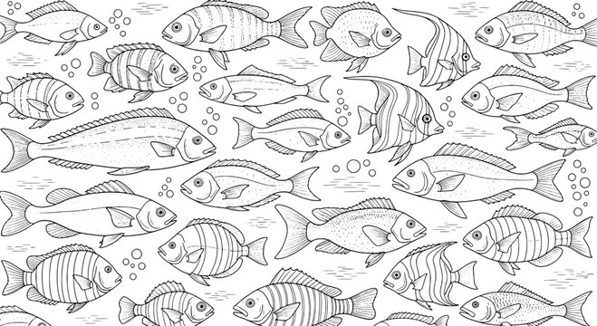 Fish school line art with hand drawn contour strokes, bubbles, and ocean texture for marine illustration
