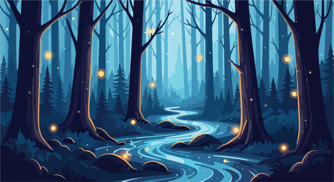 Enchanted forest landscape with glowing fireflies, mystical woodland river at night vector, magical blue forest scene with winding stream and tall trees