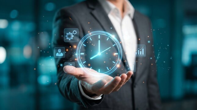 Businessman holding digital clock, futuristic interface, time management concept, productivity tools