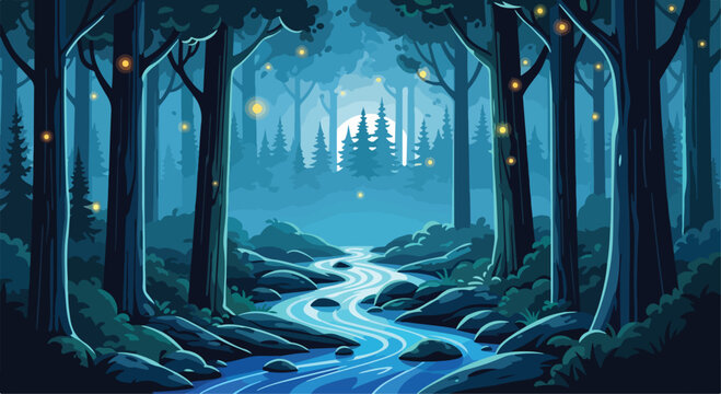 Enchanted night forest landscape with glowing fireflies, mystical woodland river under full moon, dark blue fantasy forest vector illustration