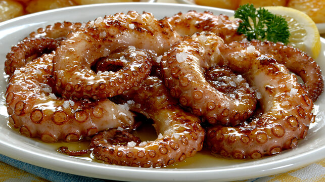 Delicious grilled octopus tentacles served on a white plate with lemon and parsley garnish