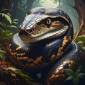 Large colorful snake in forest habitat.