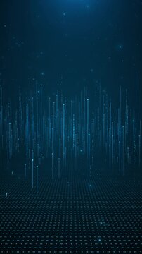 Blue digital data rain shows vertical glowing lines, binary particles, futuristic grid floor. technology cyber security intros, software promos, coding visuals, data science, virtual network scenes.