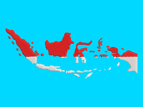 Indonesia Map Embroidery Design in Red and White on Blue Background
