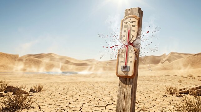 Thermometer breaking in arid desert landscape under bright sunlight  