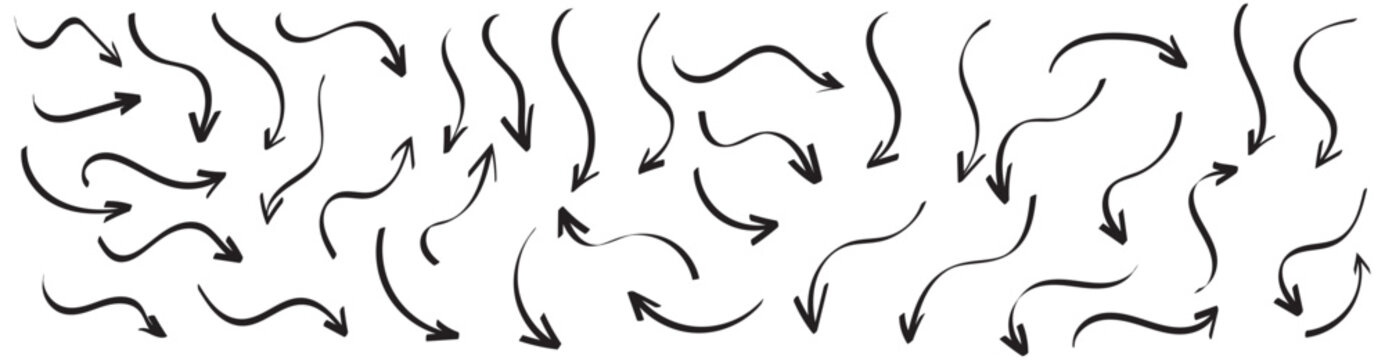 Hand drawn line arrows icons set collection. Arrow vector elements hand drawn arrows brush stroke curly arrow collection. Vector illustration isolated on white background.