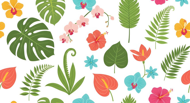 Vibrant seamless pattern featuring an array of exotic tropical flowers and lush green foliage, perfect for summer designs, fabric, and wallpaper