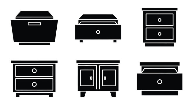 Flat vector nightstand silhouettes black on white background