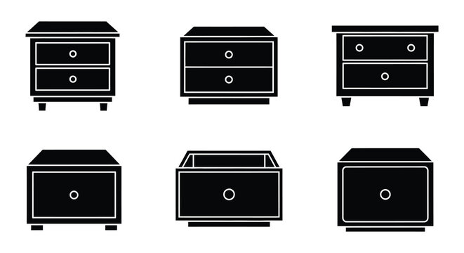 Flat vector nightstand silhouettes black on white background