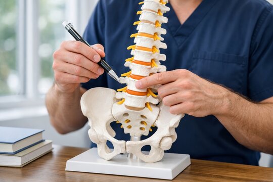 Doctor showing human spine model for back pain explanation. Ai generative