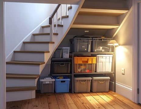 organized storage shelves under wooden stairs with plastic containers, bins, home organization, household decluttering, efficient space management, interior layout