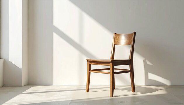 minimalist wooden chair in sunlit empty room with shadow play and serene mood
