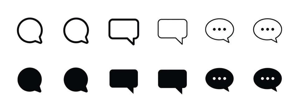 Chat icon set, speech bubble icons outline filled styles, messaging symbols UI communication app interface feedback talk pictogram text illustration