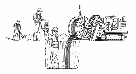 Obraz premium Workers and heavy machinery install underground cable infrastructure