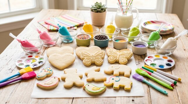 Colorful cookie decorating setup with icing, sprinkles, and shapes  