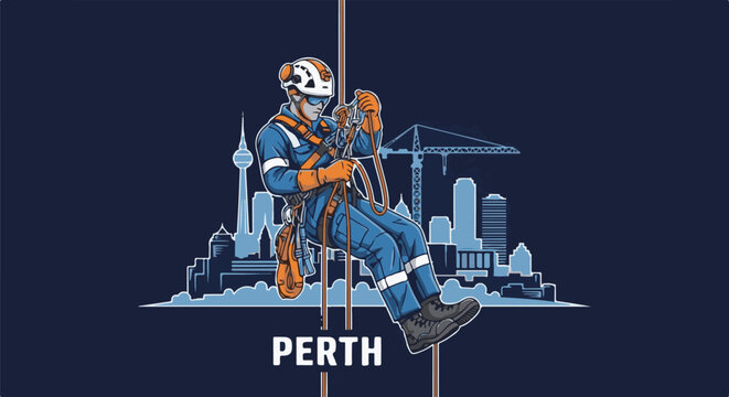 Worker rappels down amidst a city skyline with a crane